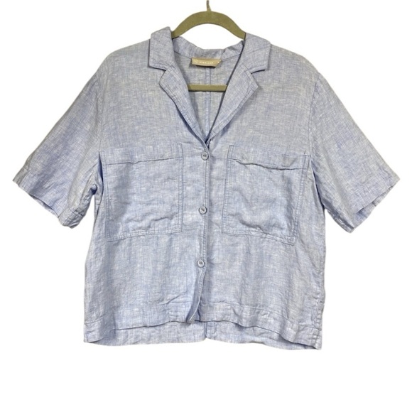 Everlane Tops - Everlane 100% Linen Workwear Shirt V Neck Button Down Pocket Blouse Size M Blue